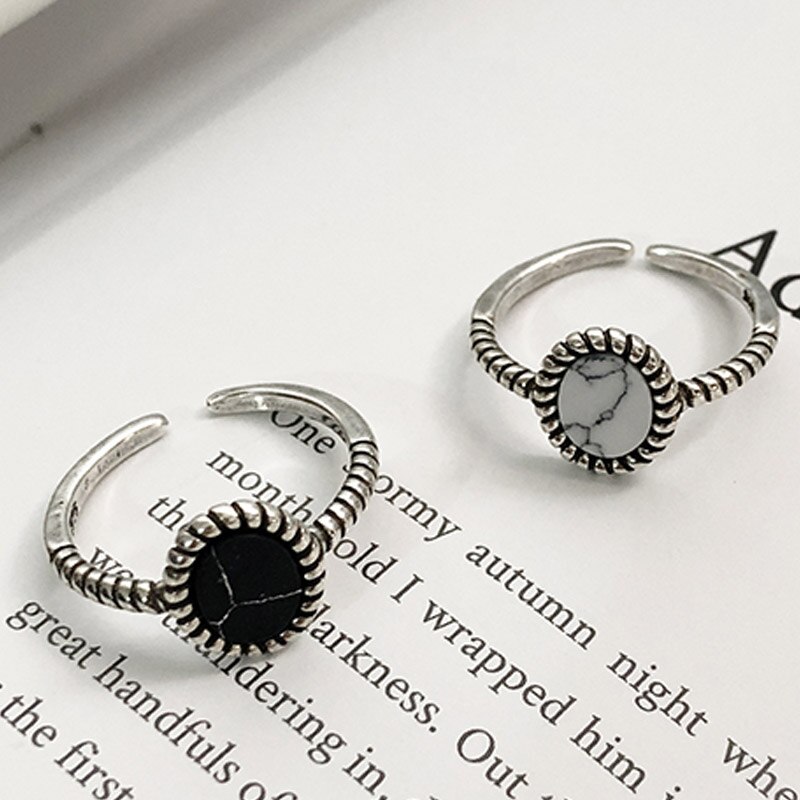 1PC Round Circle Black Open Valentines Ring White Unique Adjustable Exquisite Marbled Stone