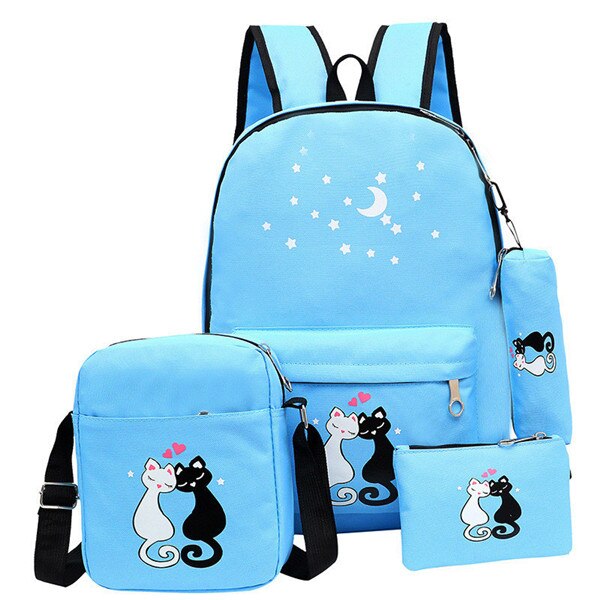 Mulheres Mochila Gato Lona Impressão Mochilas Escolares Para Adolescente Meninas Estilo Preppy 4 pçs/set Mochila Bonito Saco de Livro Mochila Feminina: sky blue