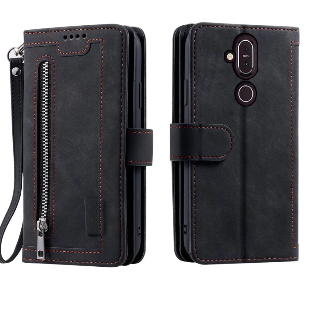 9 Cards Wallet Case For NOKIA 7.1 PLUS Case Card Slot Zipper Flip Folio with Wrist Strap Carnival For NOKIA X7 8.1 Cover: For NOKIA 7.1 PLUS / Black