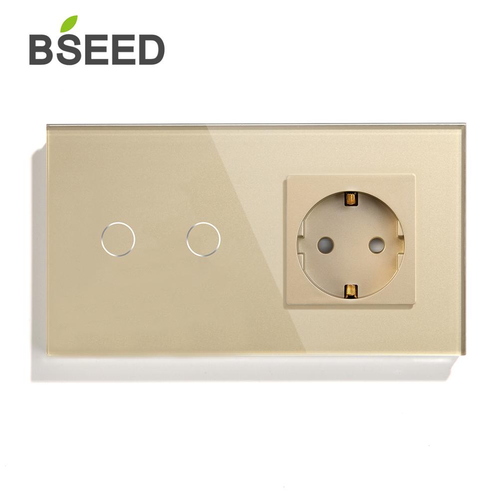 BSEED Touch Dimmer 2 Gang 1 Way With EU Standard Wall Switch Socket 3 Colors Crystal Glass Panel 157mm Touch Dimmer