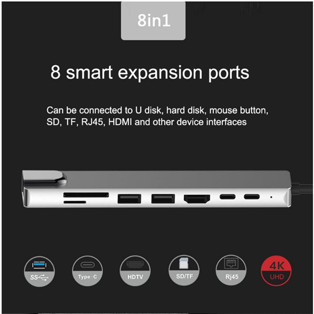 USB3.0 1080P 8-In-1 Type-C Docking Station, usb Hub Naar Hdmi + RJ45 + Pd + USB3.0 Docking Hub, 4K Hd, pd Snel Opladen.