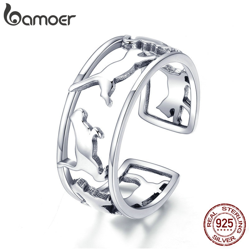 BAMOER 925 Sterling Silver Playing Cat Pussy Cocktail Finger Rings for Women Happy Cat Animal Ring Jewelry SCR473