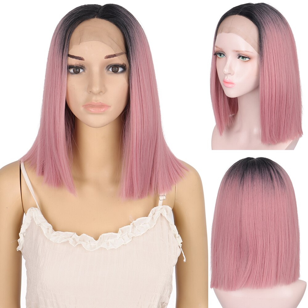 Allaosify Korte Bob Lace Front Pruiken Voor Zwarte Vrouwen Rechte Synthetische Pruik Hoge Temperatuur Vezel Haar Roze Donker Rood Blauw