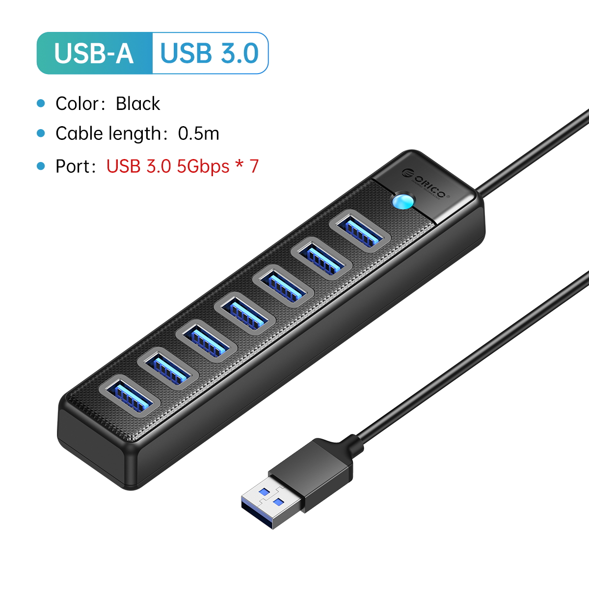ORICO Aluminiumbetriebener USB3.0-Hub, 7/10 Häfen, USB-Verlängerung mit Schaltern, 12-V-Netzteil, unterstützt BC1.2-Ladesplitter: Türkis
