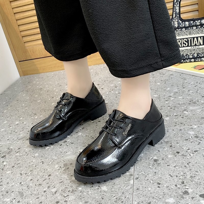 Solid Black Leather Oxford Shoes for Women Shoes Thick Bottom Square Low Heels Autumn Winter Casual Shoes Woman Flats Plus Size