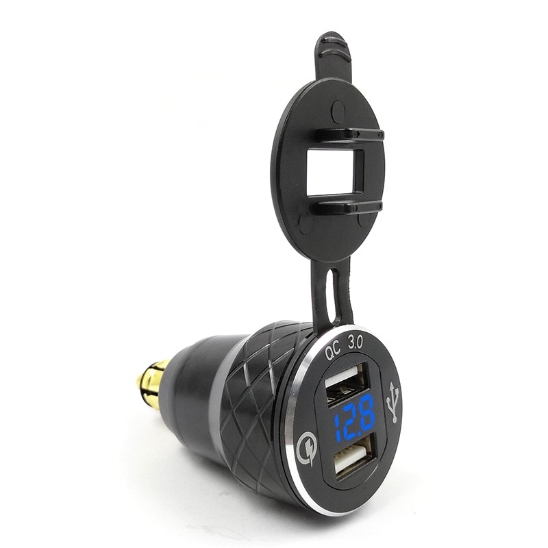 Sort aluminiumslegering hurtig opladning 3.0 dual usb oplader til bmw motorcykel triumph tiger ducati voltmeter  qc3.0 din stikkontakt til usb: Blå