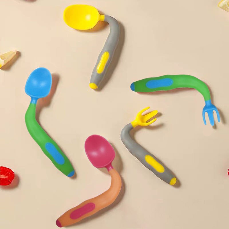 2 Teile/satz Baby Obst Gabel Löffel einstellen Nette Karikatur Baby Ausbildung Löffel Gabel Geschirr einstellen Gebogene Biegen Baby Utensil setzt