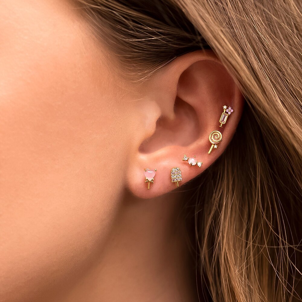 Boucles d'oreilles en plaqué or 18K, 1 paire, , doux, sucette, crème glacée, Helix, Cartilage, Piercing, bijoux, , été