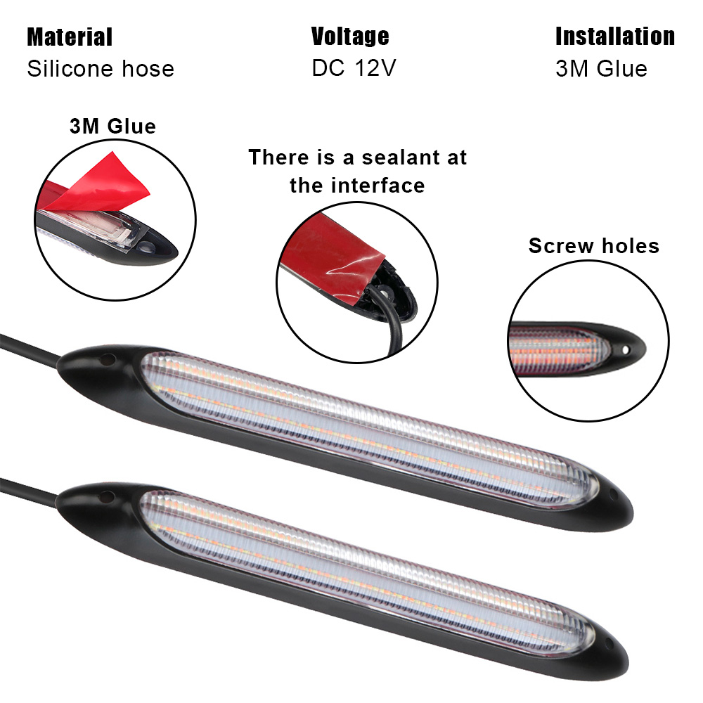 2 Pcs Universal LED Car DRL Daytime Running Lights Waterproof Car Headlight Streamer Strip Turn Signal Yellow Flow Day Light
