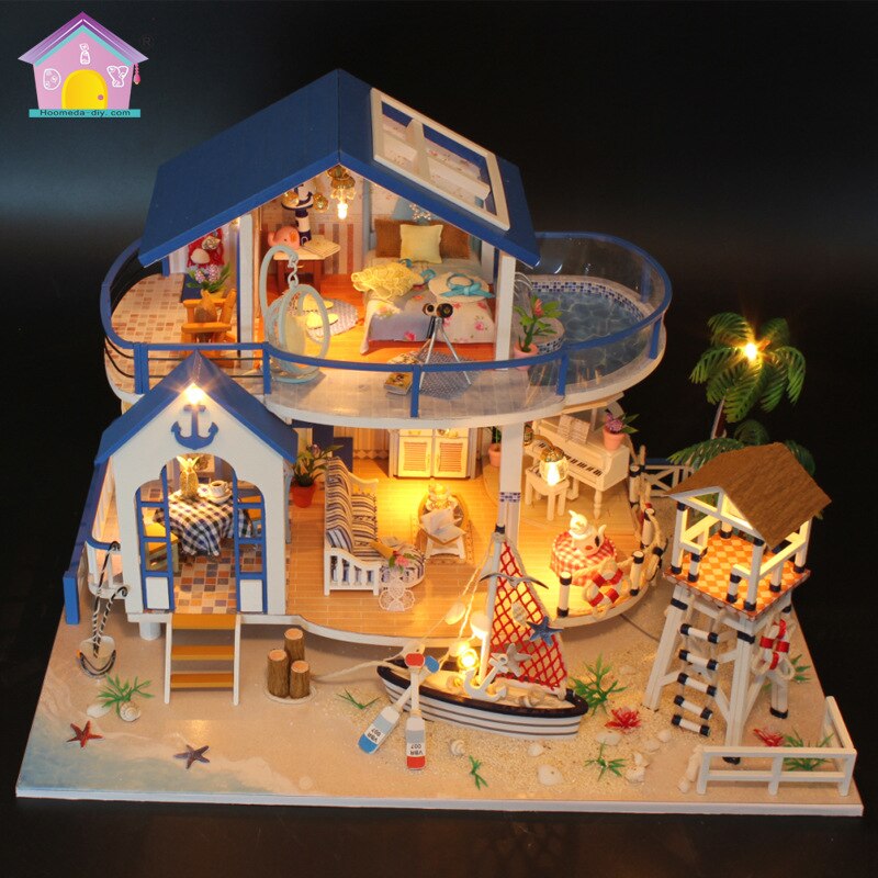 Hoomeda DiY Miniatur Puppe Haus Holz Gürtel Beleuchtung Simulation Meer-Aussicht zimmer Spielzeug Für freundlicher Puppenhaus Mit Schutzhülle