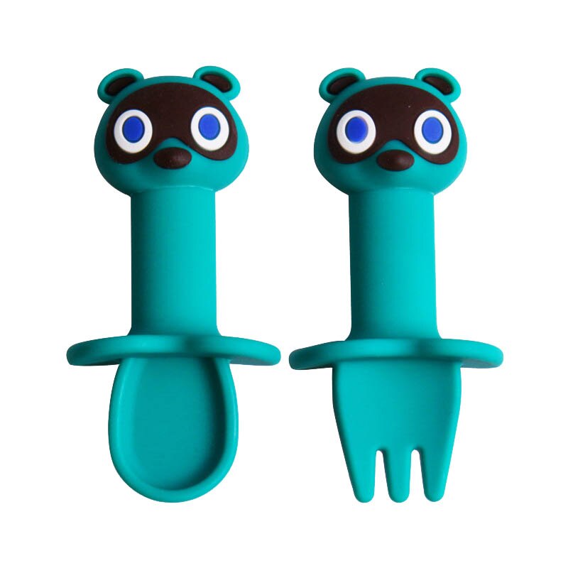 2Pcs/Set Cartoon Pattern Spoon Fork Set Detachable Safe Silicone Infant Feeding Children Tableware Utensil Heat-Resistant Spoon: Fox bear blue