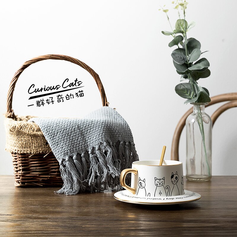 Tasse à café européenne et soucoupe ensemble dessin animé chat à la main porcelaine nordique Ins Simple noir blanc tasse à café le pichet