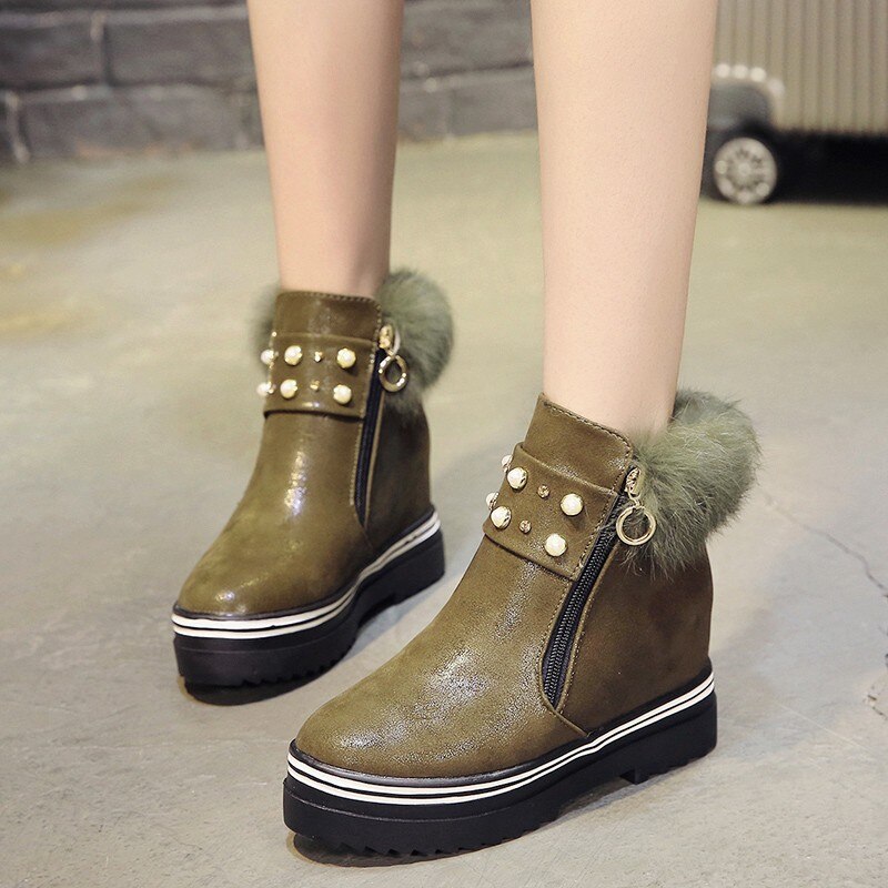 Fin pop pop søt pels kvinner ankelstøvletter komfortable vår høst sko kvinne flate høye hæler vanlig perle boot