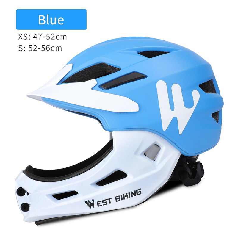 Casco WEST BIKING chico protección de cara completa montaña MTB Casco de bicicleta de carretera desmontable niños deportes casco de seguridad ciclismo: Blue / S 52-56cm