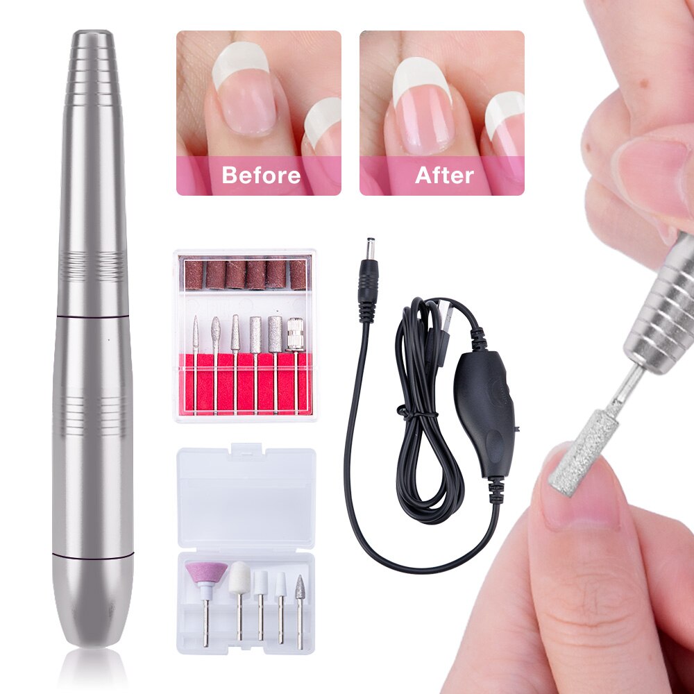 Dmoley Pro Portable Nail Drill Machine For Manicure Electric Nail Cutter 110-240V Metal Easy to Operate Pen Shape USB Nail Drill: Silver