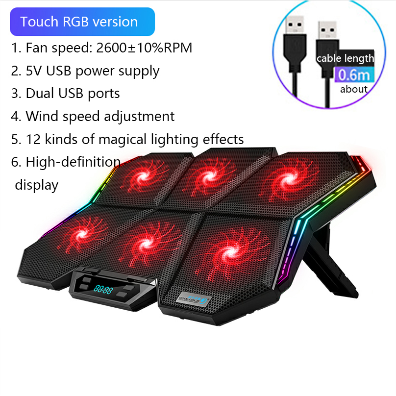 Coolcold 12-17 Inch RGB Gaming Laptop Cooler ,Six Fan Cooling Bracket With Led Screen,Notebook Cool Stand Two USB Ports: BM6 RGB