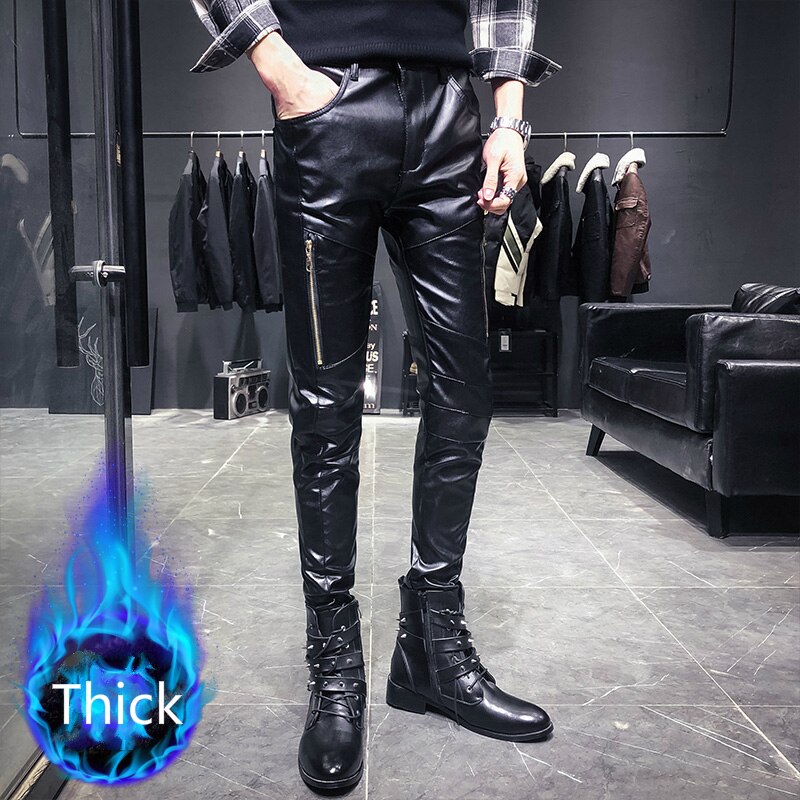 Pantalon en cuir homme | Automne et hiver, pieds Slim, Plus velours épais, coupe-vent , Hip Hop Fan Car, pantalons: 29 / thick black