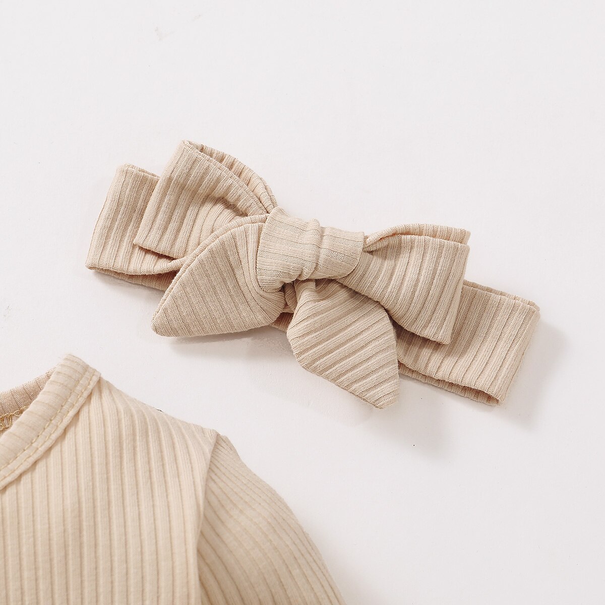 Newborn Infant Baby Girls Boys Solid Ribbed Romper Long Sleeve Snap Button Crotch Jumpsuit Front Pockets Bowknot Hairband 2Pcs