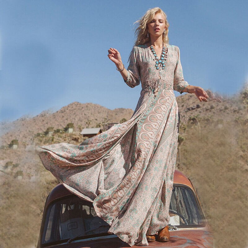 Women Summer Boho Chiffon Hippie Floral Beach Dresses Long Maxi Dress Split Sundress