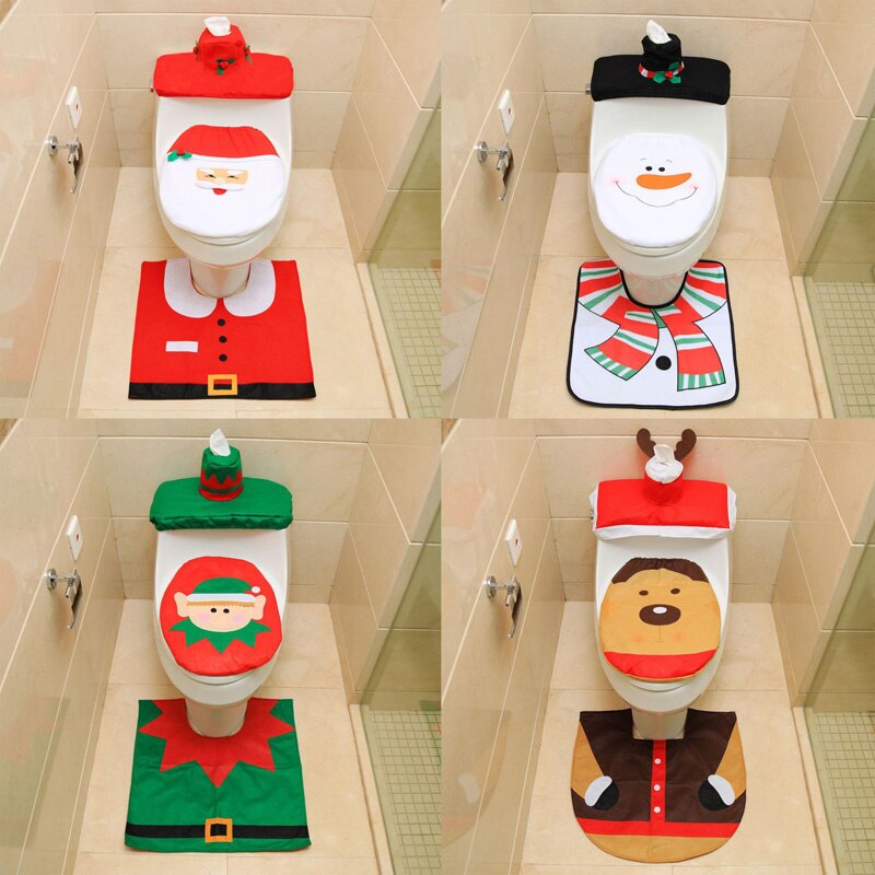 Juledekorationssæt til toilet toiletdæksel konturmåtte tæppe toiletpapir dispenser bad dekoration