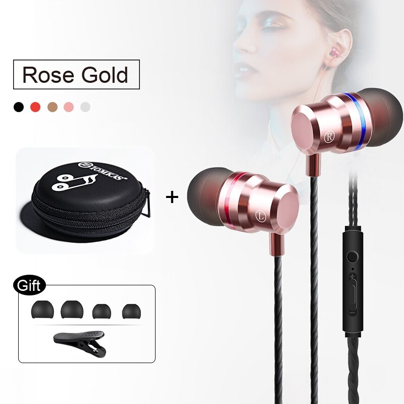 TOMKAS Universal Headphones 3.5mm In Ear Stereo Earbuds For Xiaomi Sport Wired Earphone For Mobile Phone fone de ouvido: Rose Gold with Box