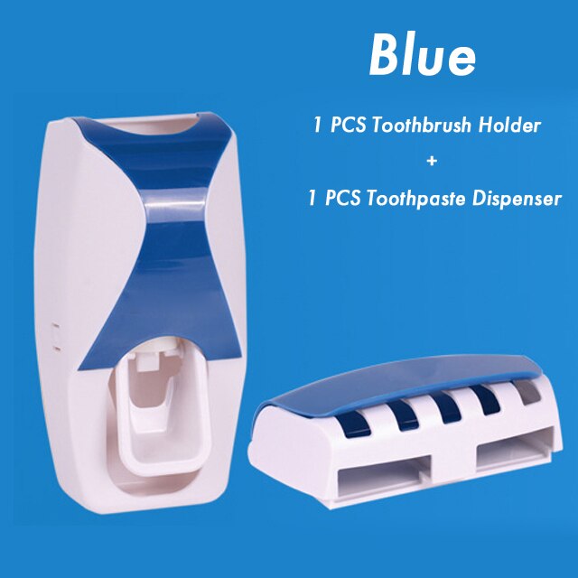 Automatic Toothpaste Dispenser Toothbrush Holder Storage Rack Wall Mount Holder Bathroom Accessories Toothpaste Squeezer Set: Blue