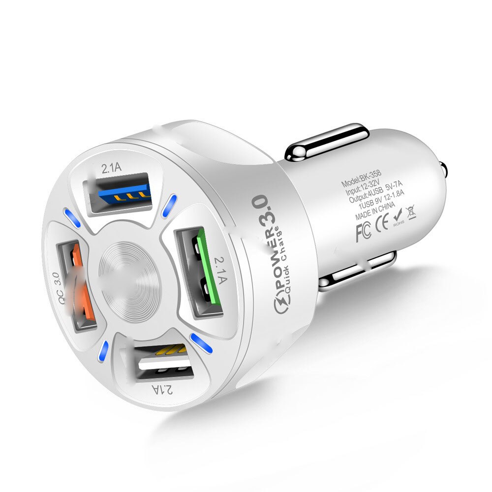 3A QC3.0 4USB Auto Lading Fast Charger Een Tow Vier Mobiele Telefoon Autolader: WHITE