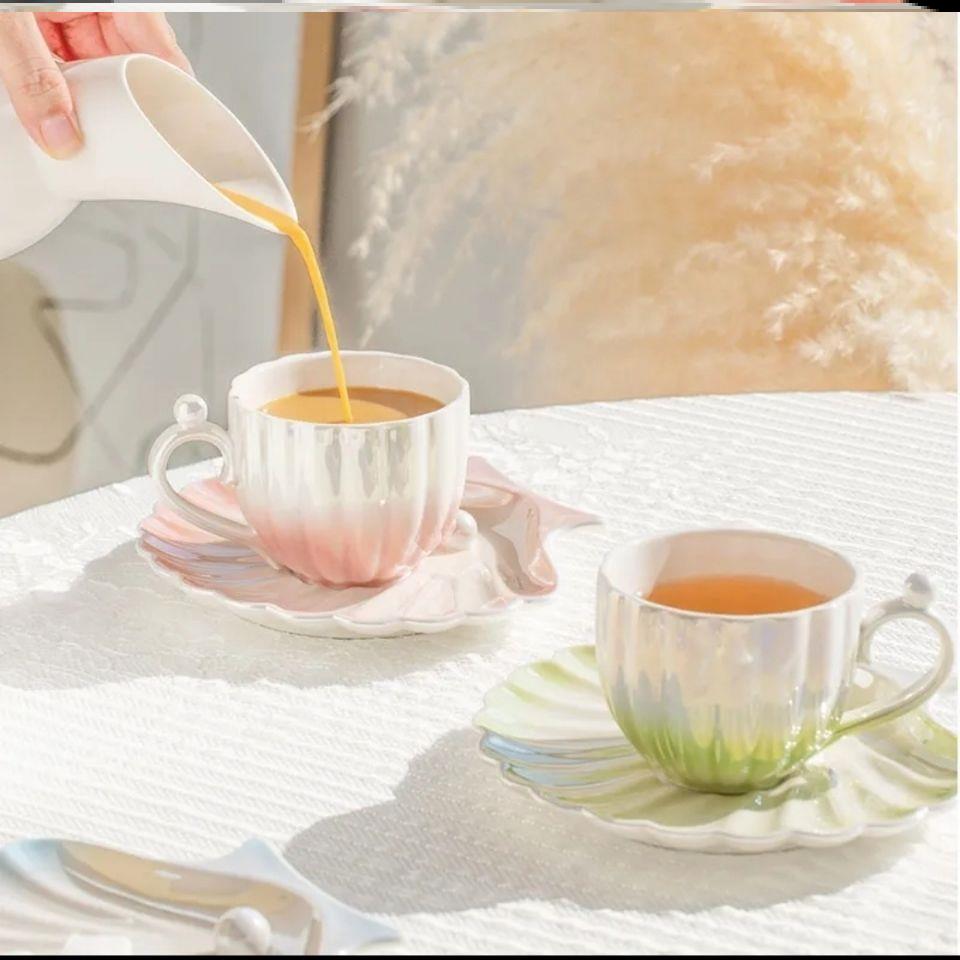 Luxury Pearl Shell Coffee Set Gradually Colour Ceramic 250ml Tea Set Cup and Saucer