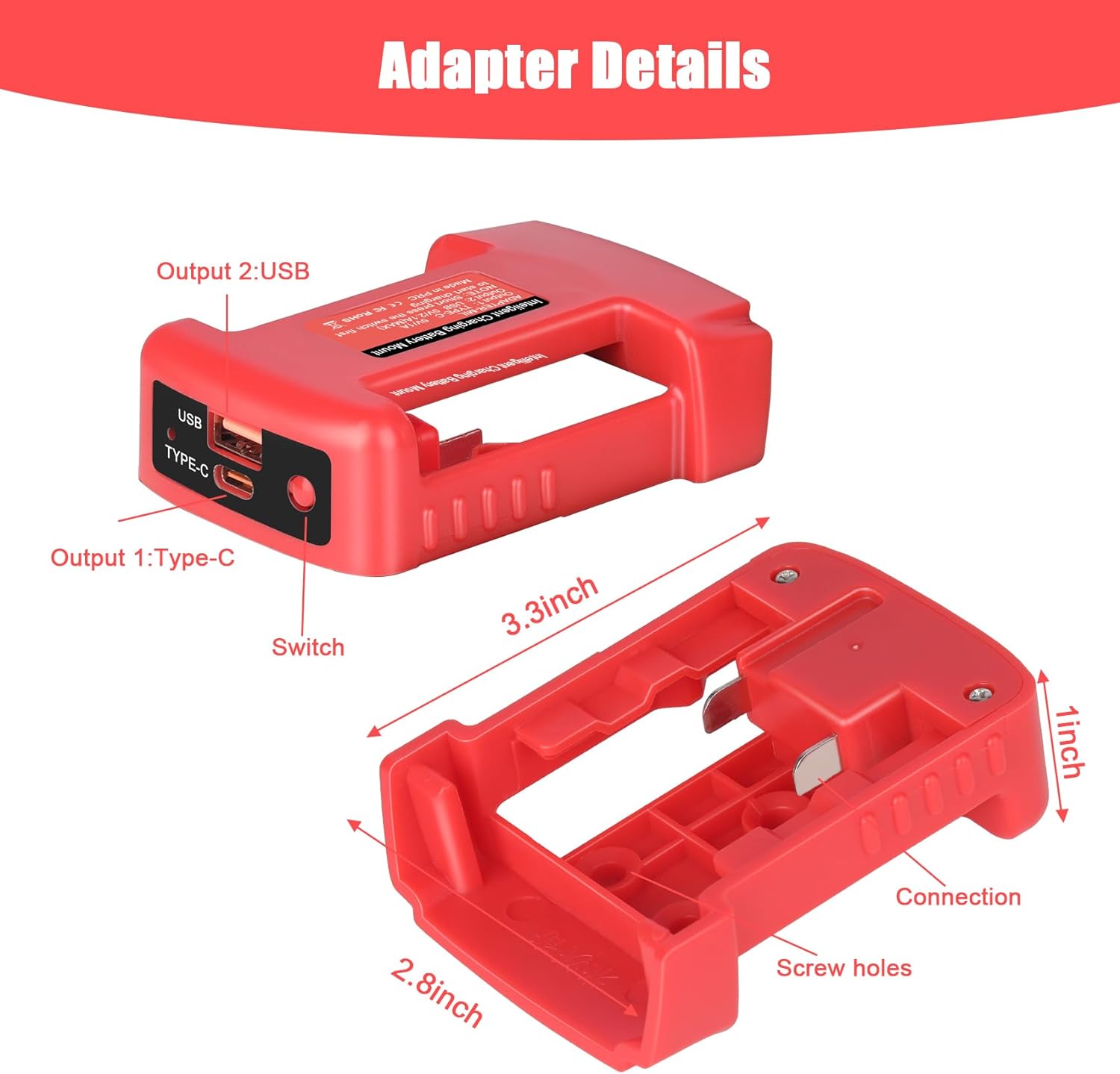 Usb-laderadapter kompatibel med milwaukee 18v- batteri med dobbel utgangsport og usb- og type-c-ladegrensesnitt (kun adapter)