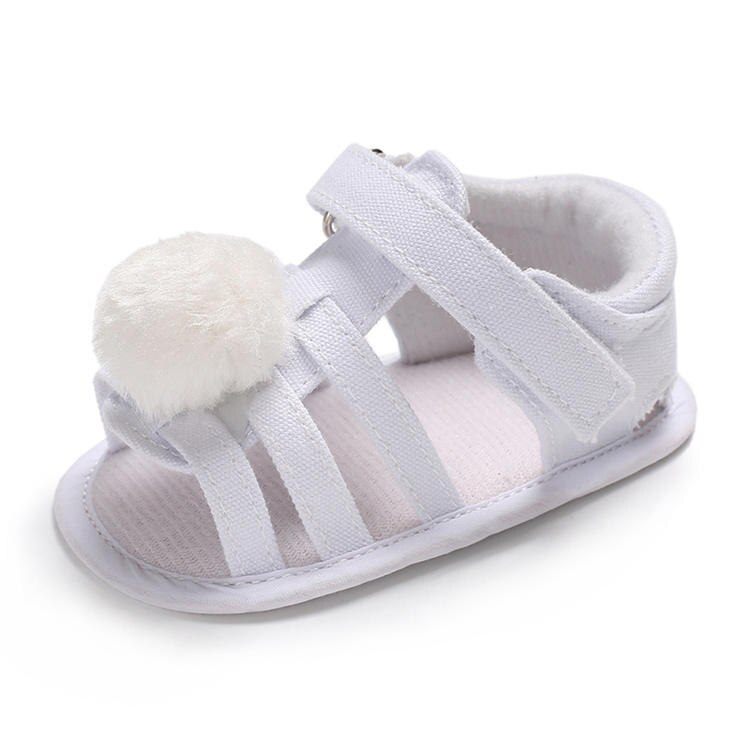 Sapatos Menina Sandálias do bebê Macio Anti-Slip Sole Verão Fuzzy Bola Berço Newborn Primeiro Walker Sapatos Peso Leve: WHITE / 7-12 meses