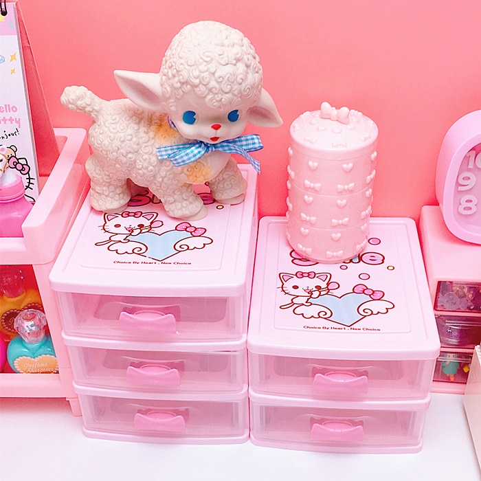 pink lovely three-layer drawer desktop receiving box desk make-up accessories desktop stationery organizer