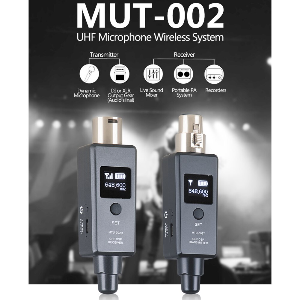 1 Pair Microphone Wireless System UHF DSP Transmitter Receiver for Dynamic Mic and Receiver Mic/Line Two Modes
