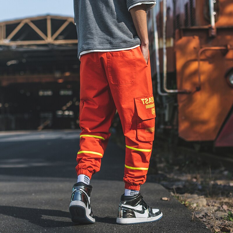 Men Harem Pant Multi Pocket Orange Trousers Feet Leisure Trouser Hip Hop Cargo Pants Streetwear
