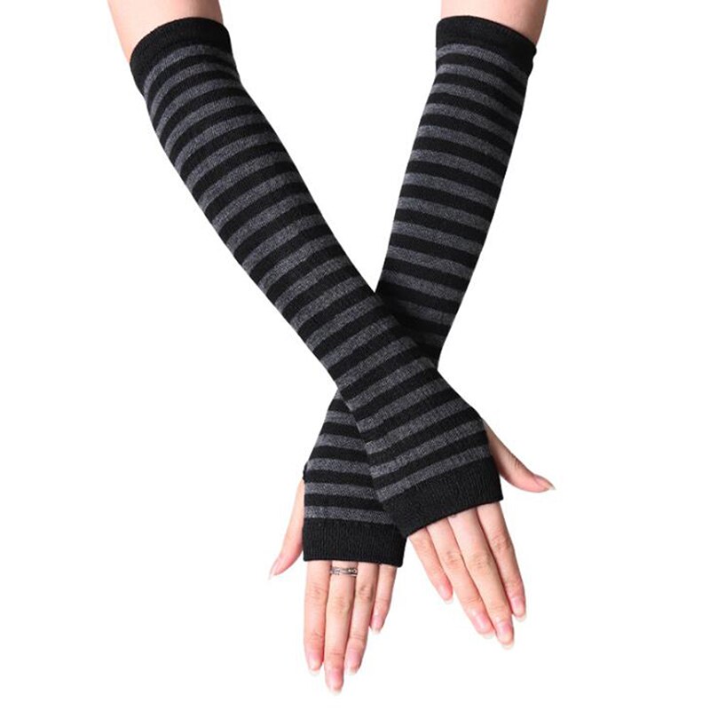 Efterår håndled arm håndvarmere strikkede fingerløse handsker langærmet bløde stribede armhandsker: Mørkegrå