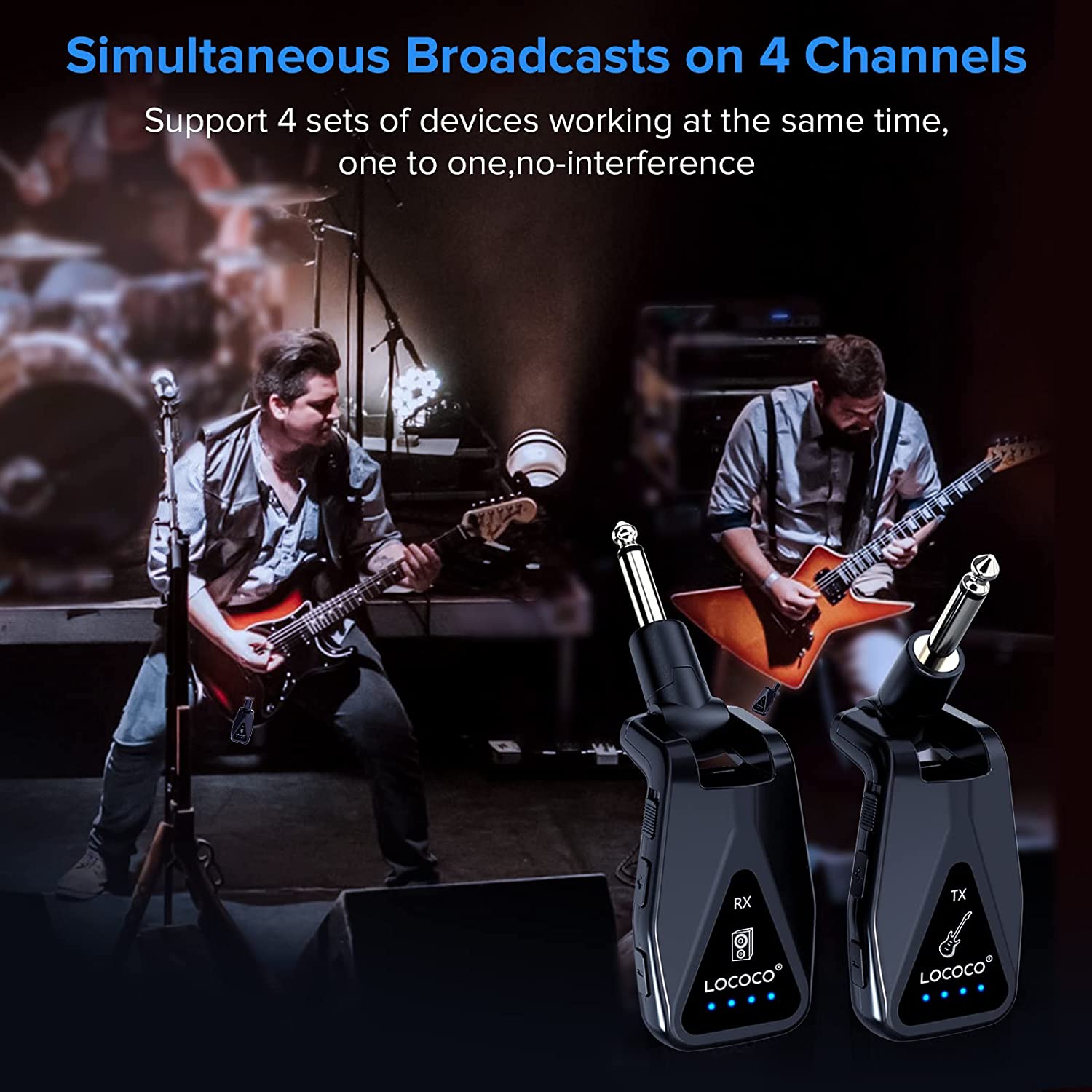 Wireless Transmitter Receiver UHF 4 Channels Rechargeable Audio Wireless Guitar System for Guitar Bass Electric Instruments