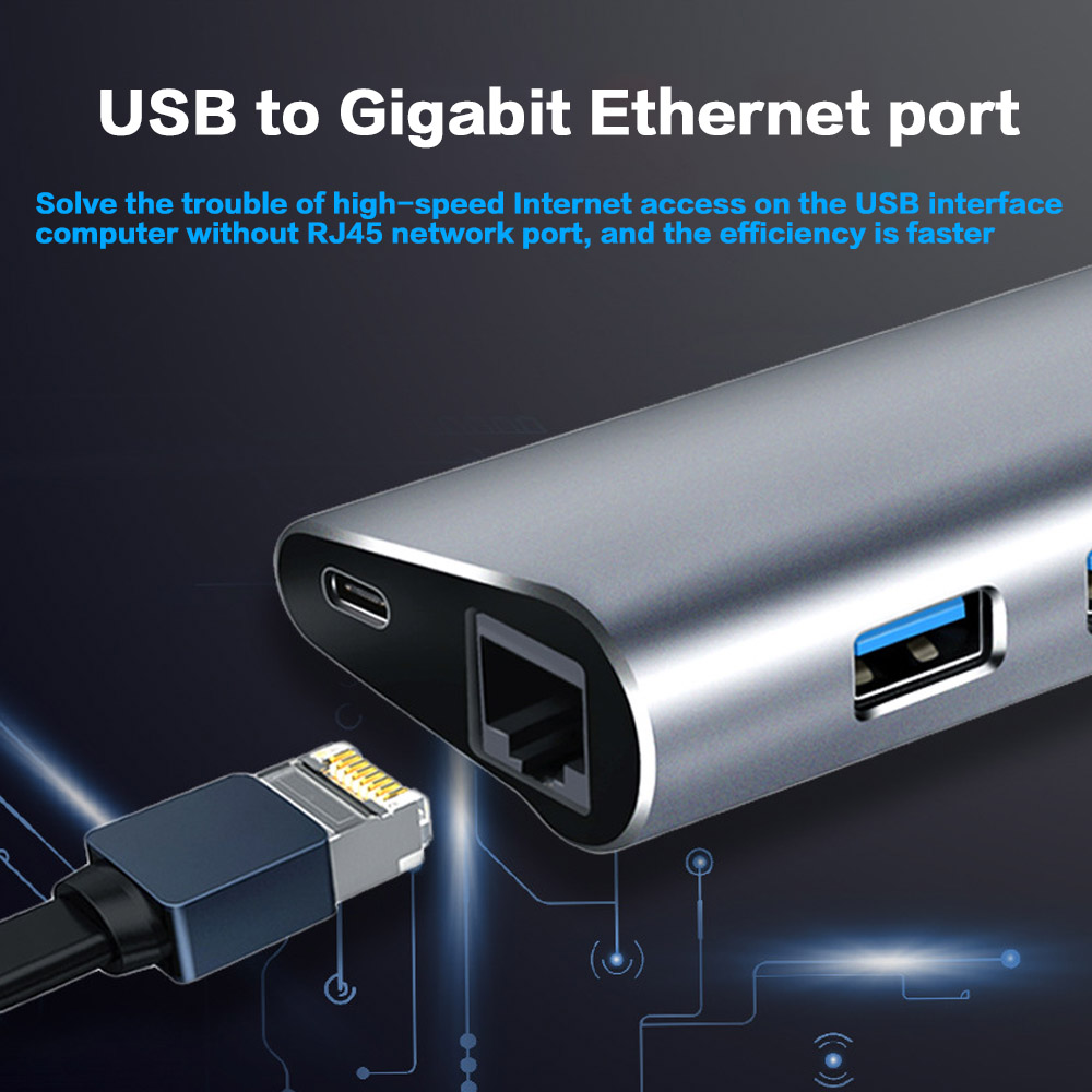 5-in-1 USB-C Hub - 3x USB 3.0, RJ45 Ethernet, PD Port - Driverless for Windows/Mac