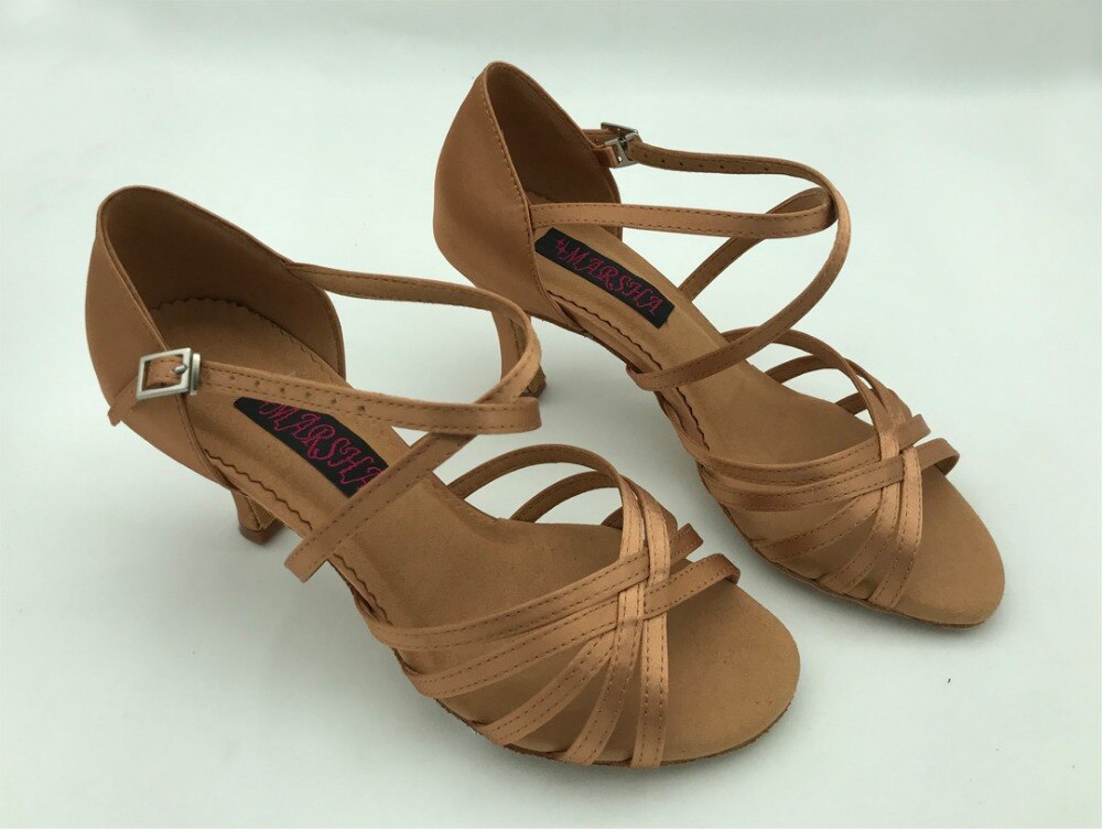 ballroom latin salsa dance shoes dark tan satin in 6201B-DT