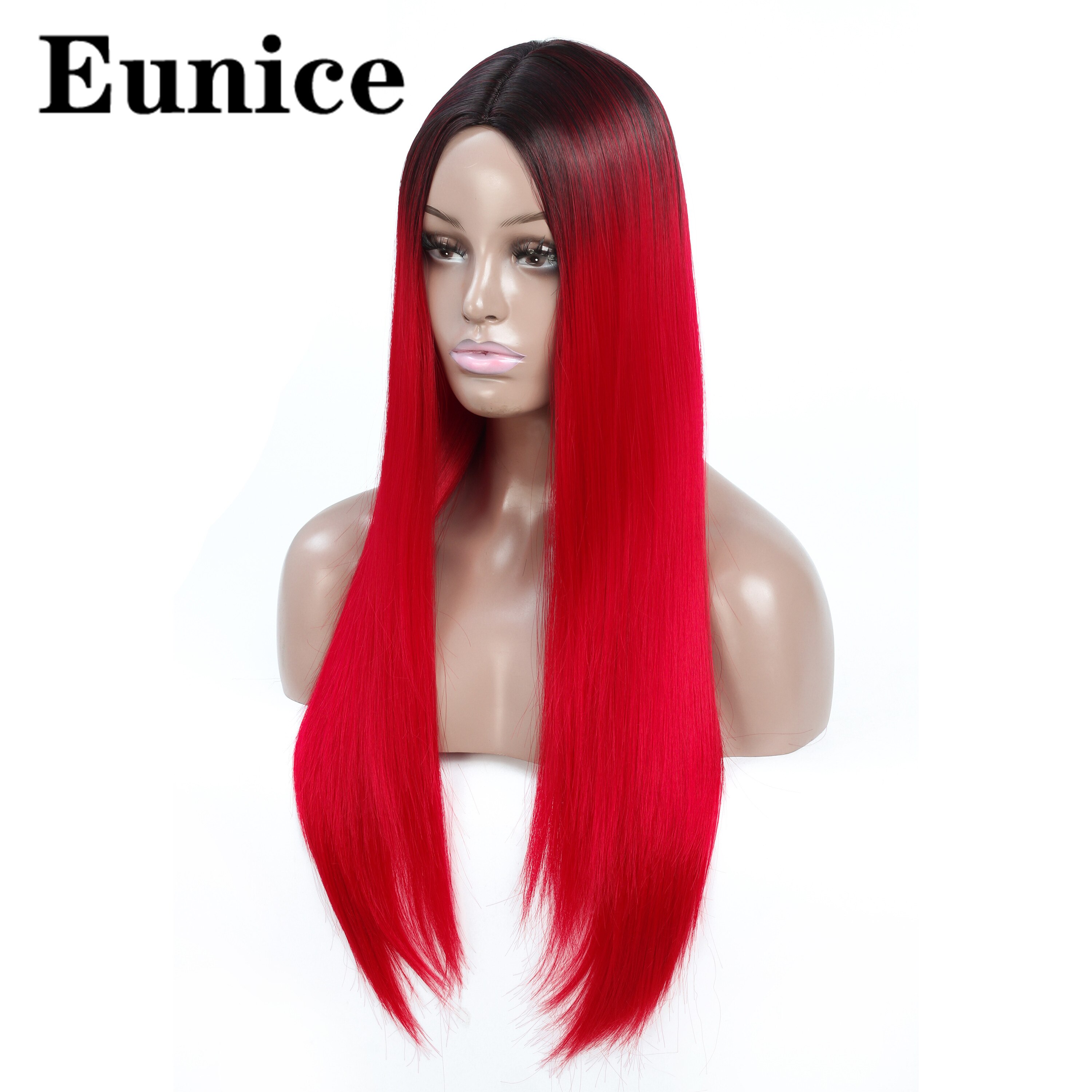 Ombre syntetisk peruk långa raka svarta peruker för kvinnor naturligt svart rött hår peruk mittdel regnbåge cosplay peruker eunice hår