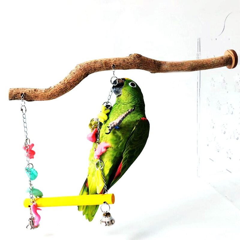 Parrot Perch Swing Wooden Bird Cage Swing With Bell Cockatiel Stand Bird Hanging Toy Parrot Chewing Toy Bird Accessories
