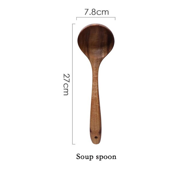 Thailand Teak Natural Wood Tableware Spoon Ladle Turner Long Rice Colander Soup Skimmer Cooking Spoons Scoop Kitchen Tool Set: 04