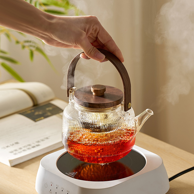 GIANXI Chinese Tea Set Wooden Handle Wooden Cover Glass Teapot Stainless Steel Filter Steaming Tea Set Transparent Teapot Tray