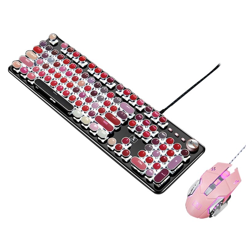 Retro Punk Mechanical Lipstick Metal Keyboard Mouse Set Round Key for Laptop Desktop Computer Keyboard Accessories: f