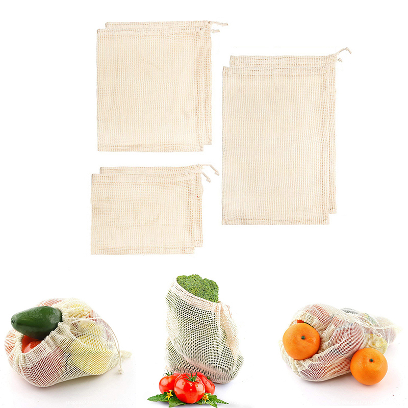Bolsas de malla de algodón para verduras, bolsa de almacenamiento de malla de algodón reutilizable, para la compra de frutas y cocina, con cordón