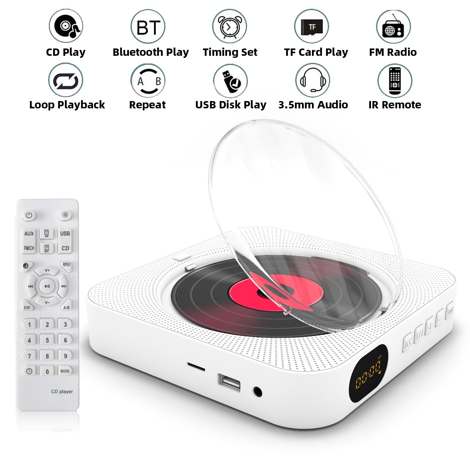 Draagbare Cd Speler Bluetooth Speaker Stereo Cd Spelers Led Screen Wandmontage Cd Muziekspeler Met Ir Afstandsbediening Fm radio