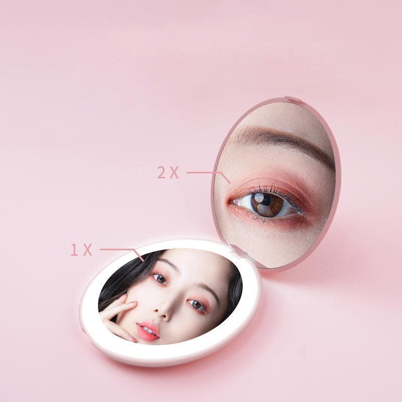 Bærbart led makeup spejl  m005 mini lommespejle 2x forstørrelses spejl makeup spejl lys kompakte spejle håndholdt spejl