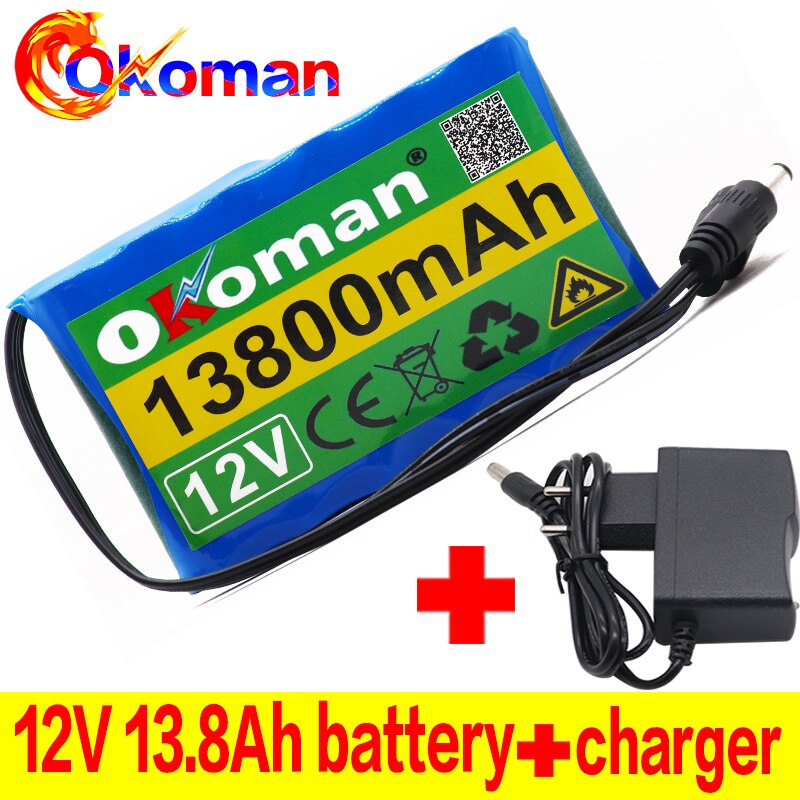 High capacity 12V battery pack 13.8Ah 18650 Rechargeable Lithium Ion battery pack capacity DC 12.6V 13800mAh CCTV Cam Monitor