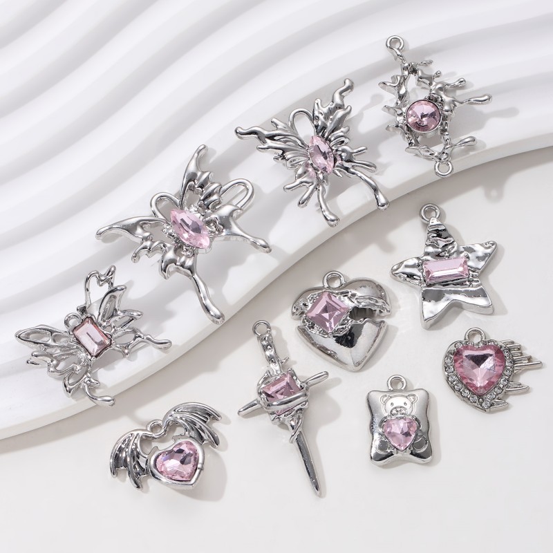 5 stuks roze vlinder-, ster- en hartvormige emaille bedeltjes, schattige  y2k leuke hangers in coole stijl voor het maken van zelfgemaakte sieraden.: Geplatineerd