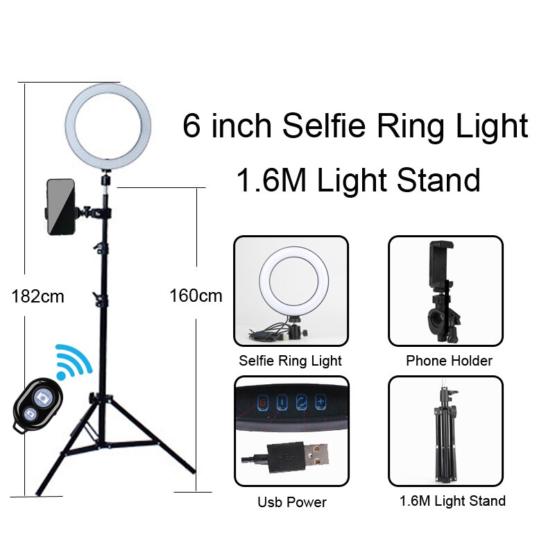 Beauty dimmable LED selfie ring light USB plug with different specifications of tripod,suitable for selfie and live broadcast: 6 inch 160cm