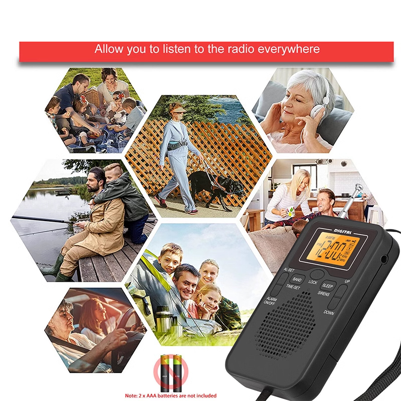 Pocket AM/FM portable radio with good reception effect, 2-band digital radio, display speaker, headphone jack, alarm clock