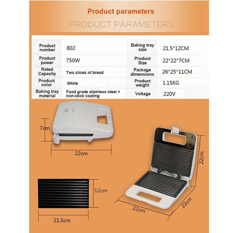 Kbxstart Elektrische Sandwich Maker Thuis Panini Ontbijt Machine 2 Stuks Van Constante Temperatuur Broodrooster non-stick Coating 220V